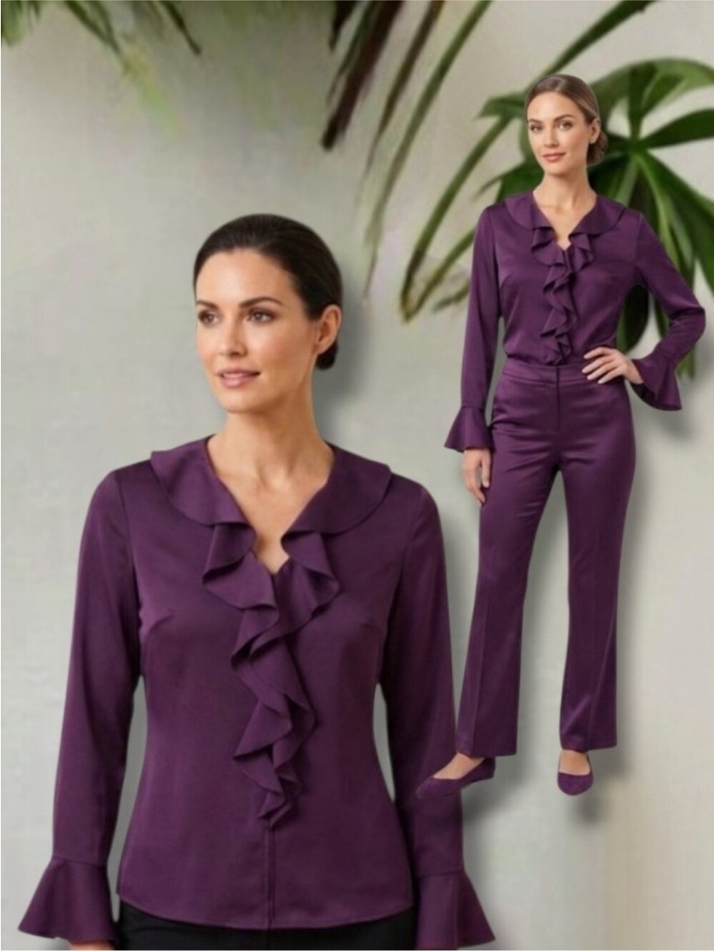 Kasper Deep Purple Ruffle-Front Blouse